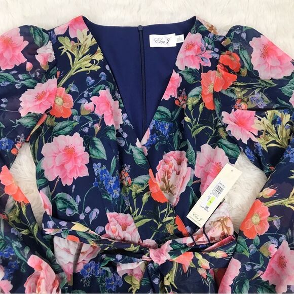 ELIZA J Blue Pink Floral Chiffon Long Sleeve Maxi Dress Tiered Size 2 4‎ New - Picture 5 of 11